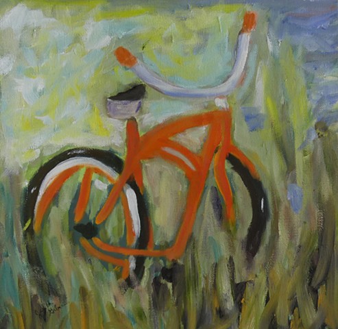 bicycle, oranges, greens, grasses, yellows, whites