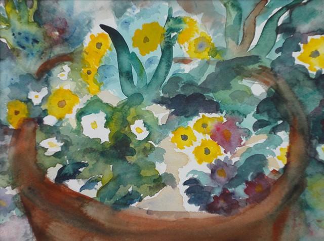interpretive view, flowere, clay pot, garden, greens, blues, yellow, purple, by Judith Gilman
