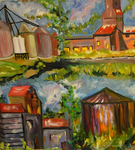 This painting portays a combination of common views of farm buildings seen when traveling America's two lane roads.