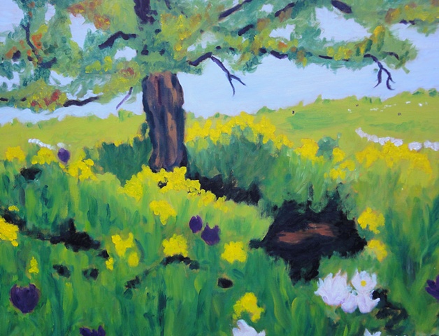 A feeling of Spring, tree boughs, meadow of lush green grasses, flowers green, yellow, purple
