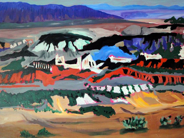 rock formations, desert hillside view, purples,blues, oranges expansive view