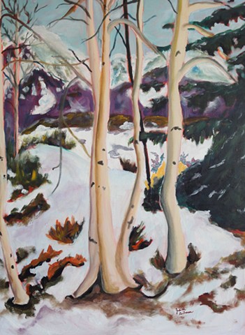 aspen, trunks, winter scene, whit, brown, purple, green