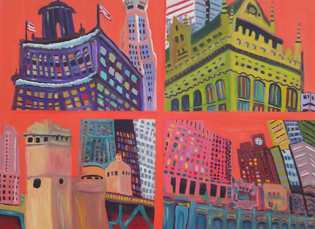 Bright colors dipict four scenes of Chicago skyscrapers, orange, purple, tourquoise, interpretive view,
