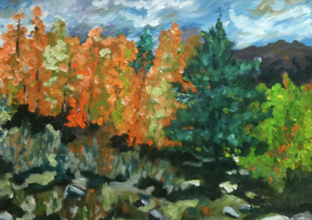 oil on canvas painting by judith gilman, golden trees contrast with evergree, trees lines up in beauty
