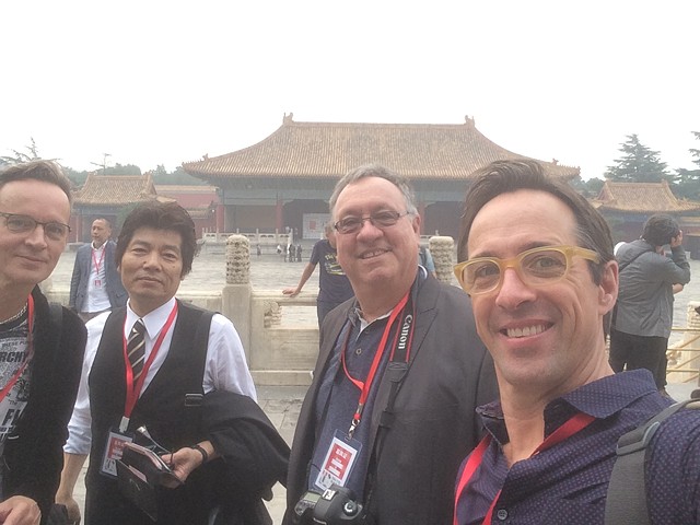 Peter Ko&#263;ak, Harumi Sonuhara, Joseph Scheer and me outside the Peoples Temple exhibition venue in Beijing's Forbidden City