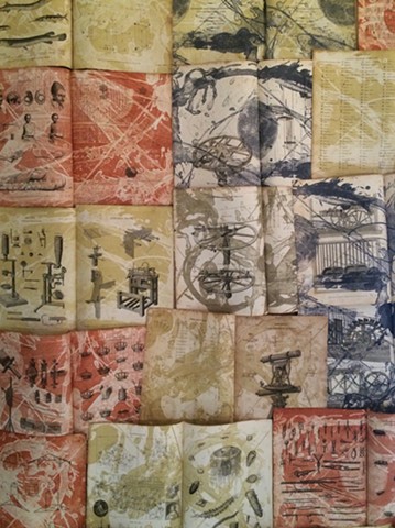 Conversations While Adrift, detail of the quilt of antique pages with stone lithographic printing 