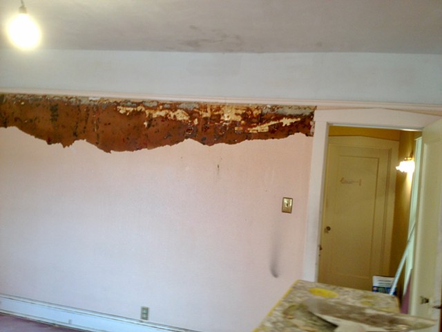 circa 1920 Craftsman during removal of painted stucco-over wallpaper-over-wallpaper 