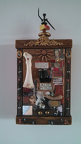 modern reliquary cabinet antique wood, cut nails, bone, found objects