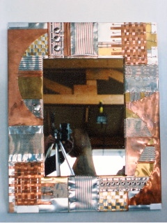 Large scale mirror constructed of recycled/upcycled metals copper, aluminum cans, screening woven metal