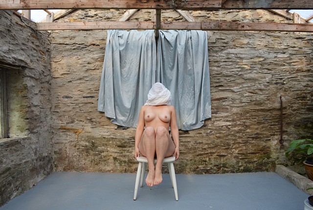 photograph of nude woman drapery faceless stone building curtains Wales by Robyn LeRoy-Evans