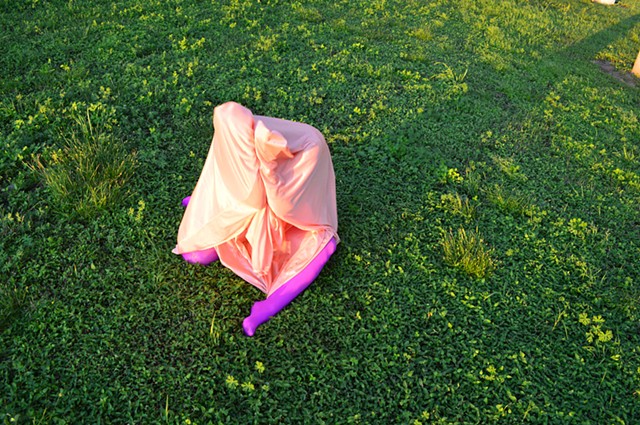 photograph of woman pink drapery purple tights green grass by Robyn LeRoy-Evans