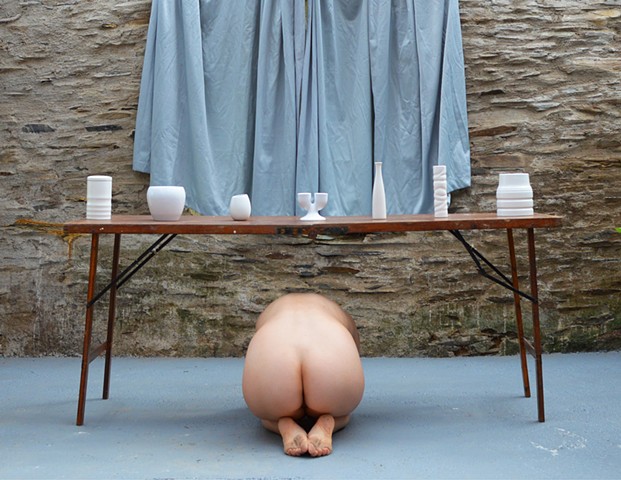 photograph of nude woman drapery vessel chair stone building curtains Wales by Robyn LeRoy-Evans