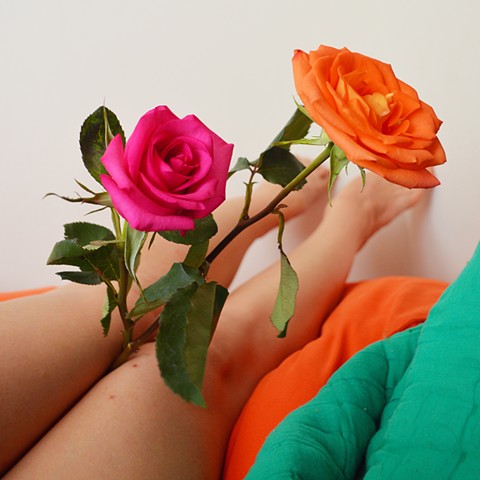 photograph of woman legs roses orange pink flowers floral by Robyn LeRoy-Evans