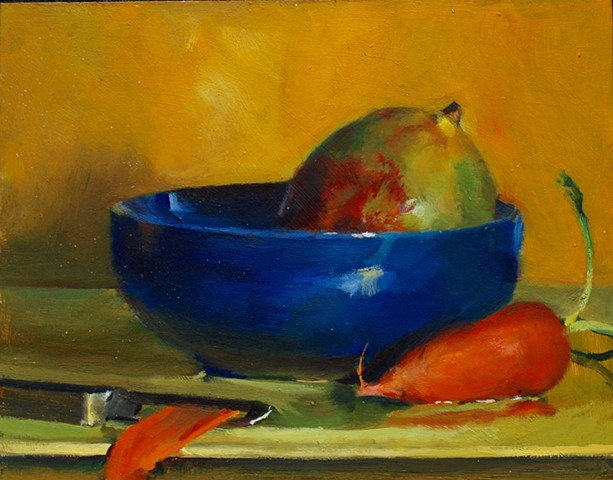Mango, carrot and blue bowl