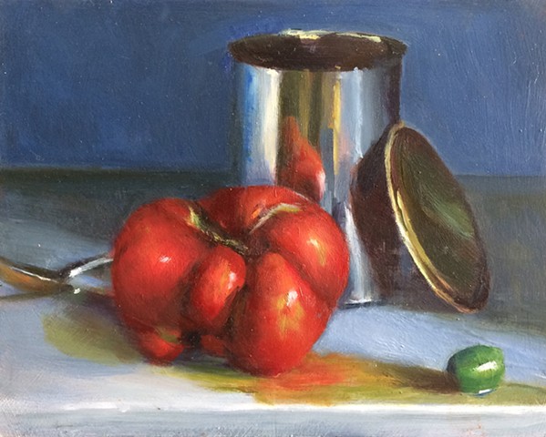 Heirloom tomato,olive and tin can