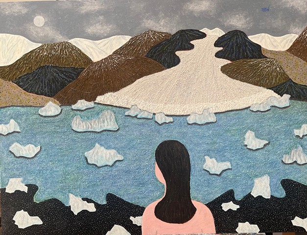 A GIRL LOOKS AT THE MELTING GLACIERS