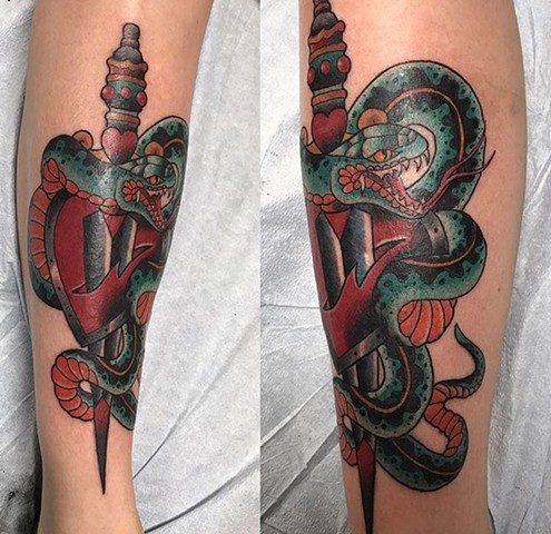 Traditional style snake and dagger tattoo Strange World Tattoo Calgary, Alberta 