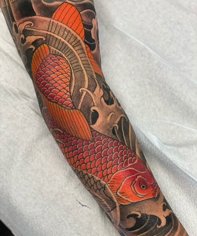 Japanese koi fish sleeve by Brett Schwindt Strange World Tattoo Calgary, Canada