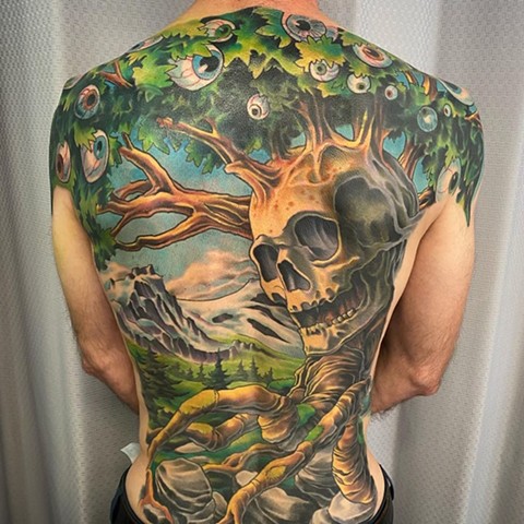 Surreal tattoo back piece tree nature skull tattoo Brett Schwindt strange world tattoo Calgary alberta Canada yyc 