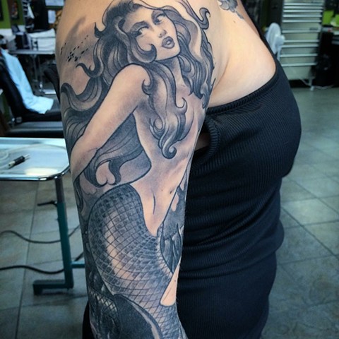 Tattoo- black and grey mermaid 