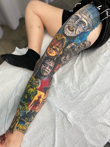 Horror leg sleeve in colour by Brett Schwindt at Strange World Tattoo Calgary, Canada