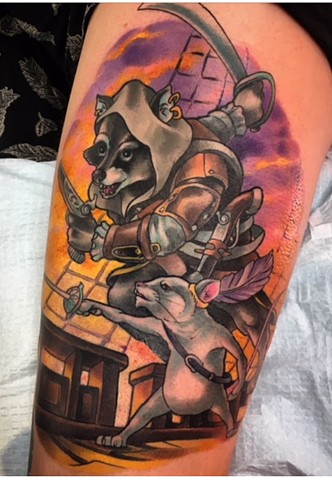Colour tattoo of a Raccoon and Gerbil Pirate by tattoo artist Brett Schwindt of Strange World Tattoo in Calgary, Ab, Canada