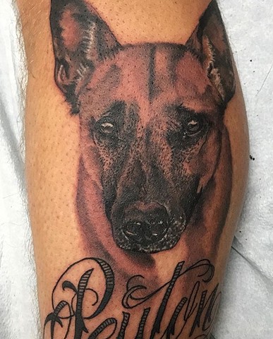 Dog portrait tattoo in black and grey with script Strange World Tattoo Calgary, Ab, Canada, Earth