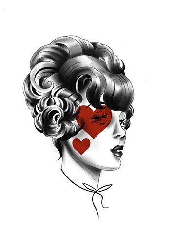 Valentines heart girl up for grabs pre drawn flash tattoo Kristin Fraser strange world tattoo 60s retro girl pinup 