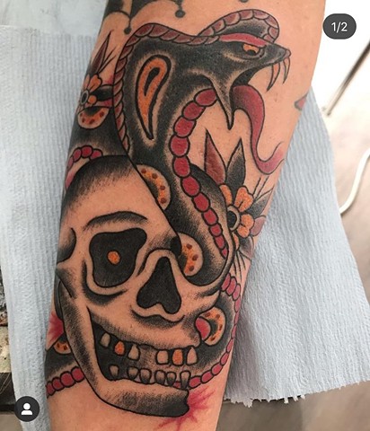 Traditional tattoo skull snake tattoo calgary tattoo colour tattoo tattoo artist's canada 