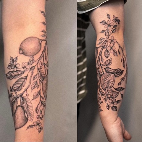 Strange world tattoo calgary alberta Canada Valeriia moss.tattoo large piece wrapping around forearm from wrist to elbow in soft black and grey featuring branches of flowers and foliage and lots of lemons dainty fineline fruit black and grey feminine tatt