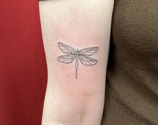 Dragonfly on bicep tattoo dainty fineline linework black and grey girly cute feminine strange world tattoo Calgary alberta canada 