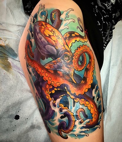 Large colour Octopus tattoo on the upper thigh covering up scars by artist Brett Schwindt of Strange World Tattoo