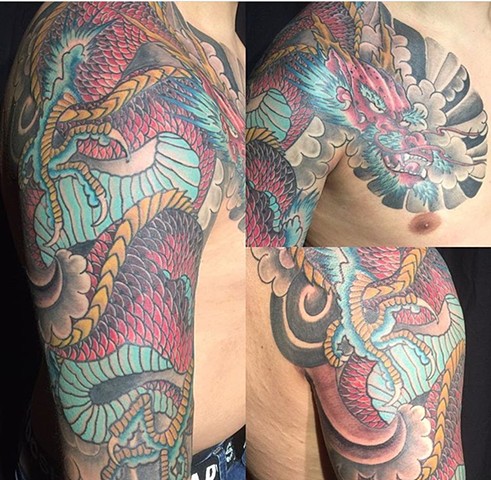 Japanese Dragon artwork sleeve and chest panel Strange World Tattoo Calgary, Canada