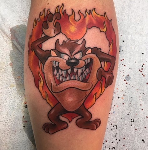 Looney Tunes Tasmanian Devil tattoo by artist Brett Schwindt at Strange World Tattoo in Calgary, Canada