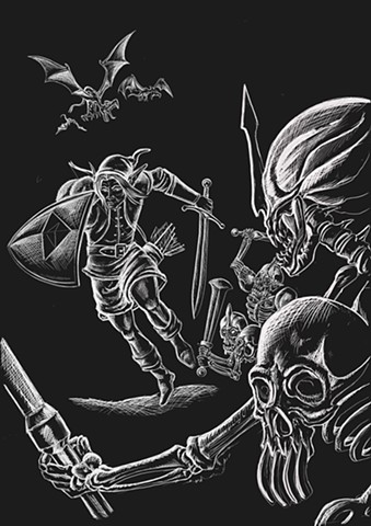 Legend of Zelda inspired up for grabs piece featuring link skeletons and dragons with swords black and grey or colour strange world tattoo flash designs up for grabs Calgary tattoo shop dainty fineline gamer pop culture