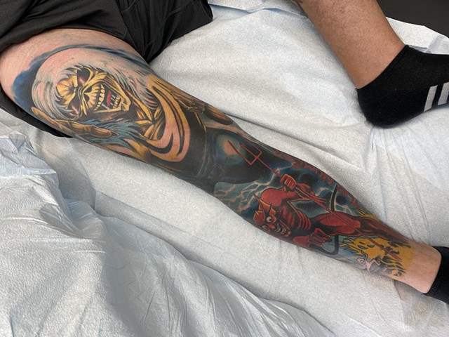 Iron maiden band tattoo leg sleeve full colour Calgary alberta Canada yyc 