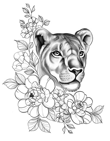 Lioness with peonies and roses florals up for grabs predawn tattoo Abitatts black and grey tattoo lion lioness strange world tattoo