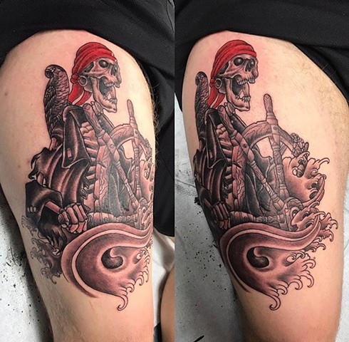 skeleton pirate tattoo on upper thigh Strange World Tattoo Calgary Alberta Canada