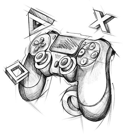 Sketchy style PlayStation game controller surrounded by PlayStation symbols circle, square, triangle, X. 