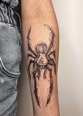 spider bunny tattoo in black and grey Strange World Tattoo Calgary
