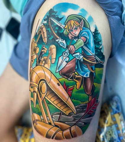 Legend of Zelda link starwars crossover full colour tattoo strange world tattoo Calgary Alberta Canada yyc