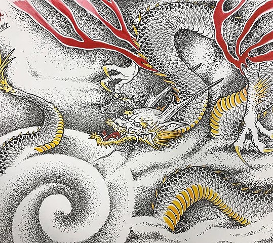 dragon artwork in dotwork painting Strange World Tattoo Calgary Alberta Canada 