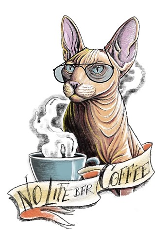 Coffee caffeine naked cat sphynx cat up for grabs redrawn flash tattoo colour tattoo script tattoo 
