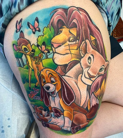 Disney thigh tattoo lion king Bambi fox and hound full colour Brett Schwindt strange world tattoo Calgary alberta Canada yyc