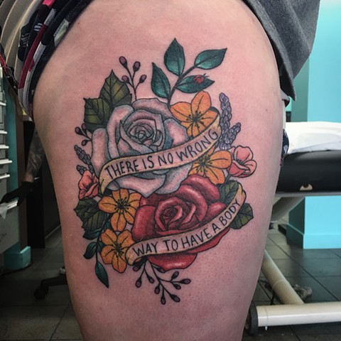 colour flowers with script tattoo