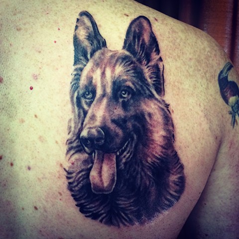 Dog portrait tattoo black and grey 