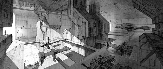 Environment design ::: Docking bay - pencil on paper