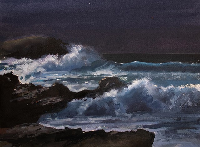 Devin Michael Roberts Artwork Artist Gouache Watercolor painting For sale ocean seascape nocturne 