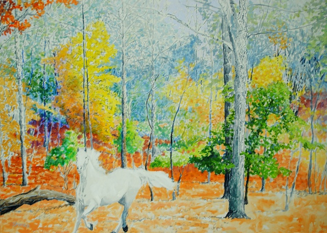 White Horse in the Woods, acrylic, 46x66
