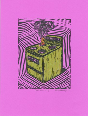 Print, linoleum cut print relief print, burning stove